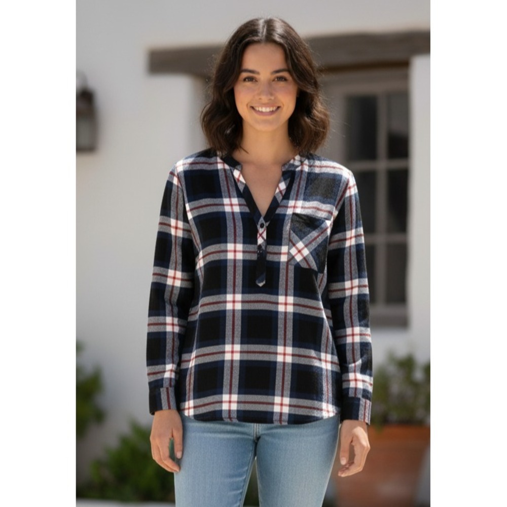NSR Tunic Top Womens XL Navy Gray Rayon Plaid Flannel Quarter Button Split Neck